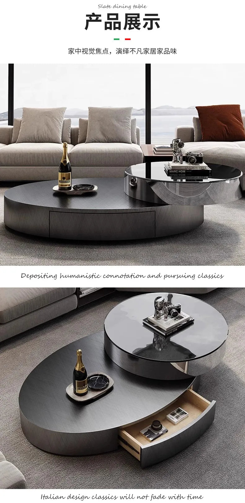 Italian Luxury Oval Coffee Tables Modern Minimalist Rotatable Center Coffee Table Set Stainless Steel Living Room Furniture FYCT