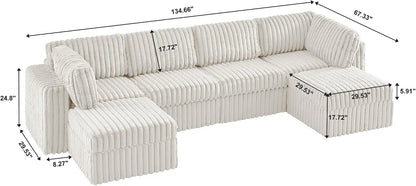 Modular U Shaped Sectional Sofa, 6-Seat Corduroy Couch with Storage, Reversible Chaise, Plush Faux Fur, White
