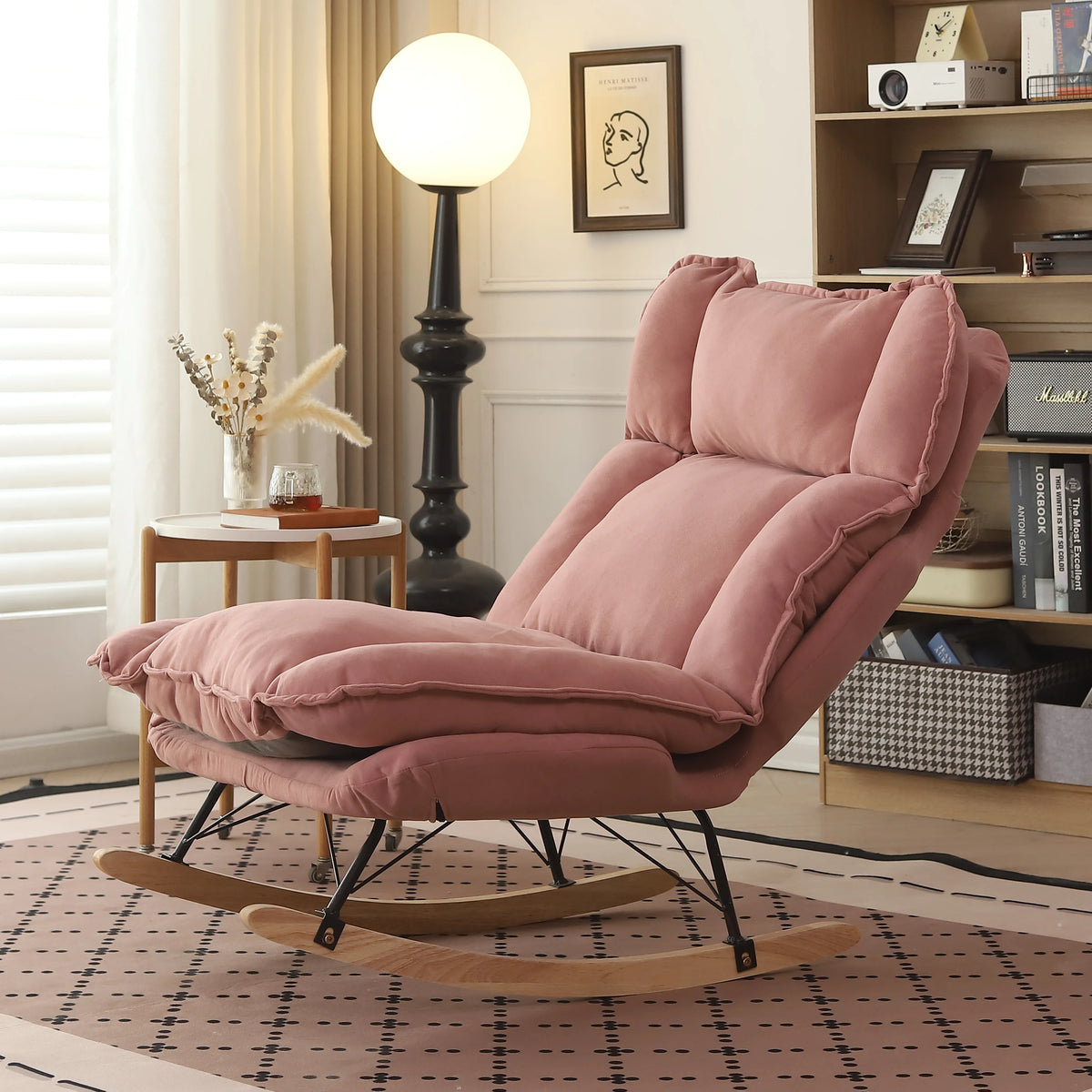 Memory Foam Rocker - Convertible Lounge Chair with Storage Pocket, Breathable Linen Recliner