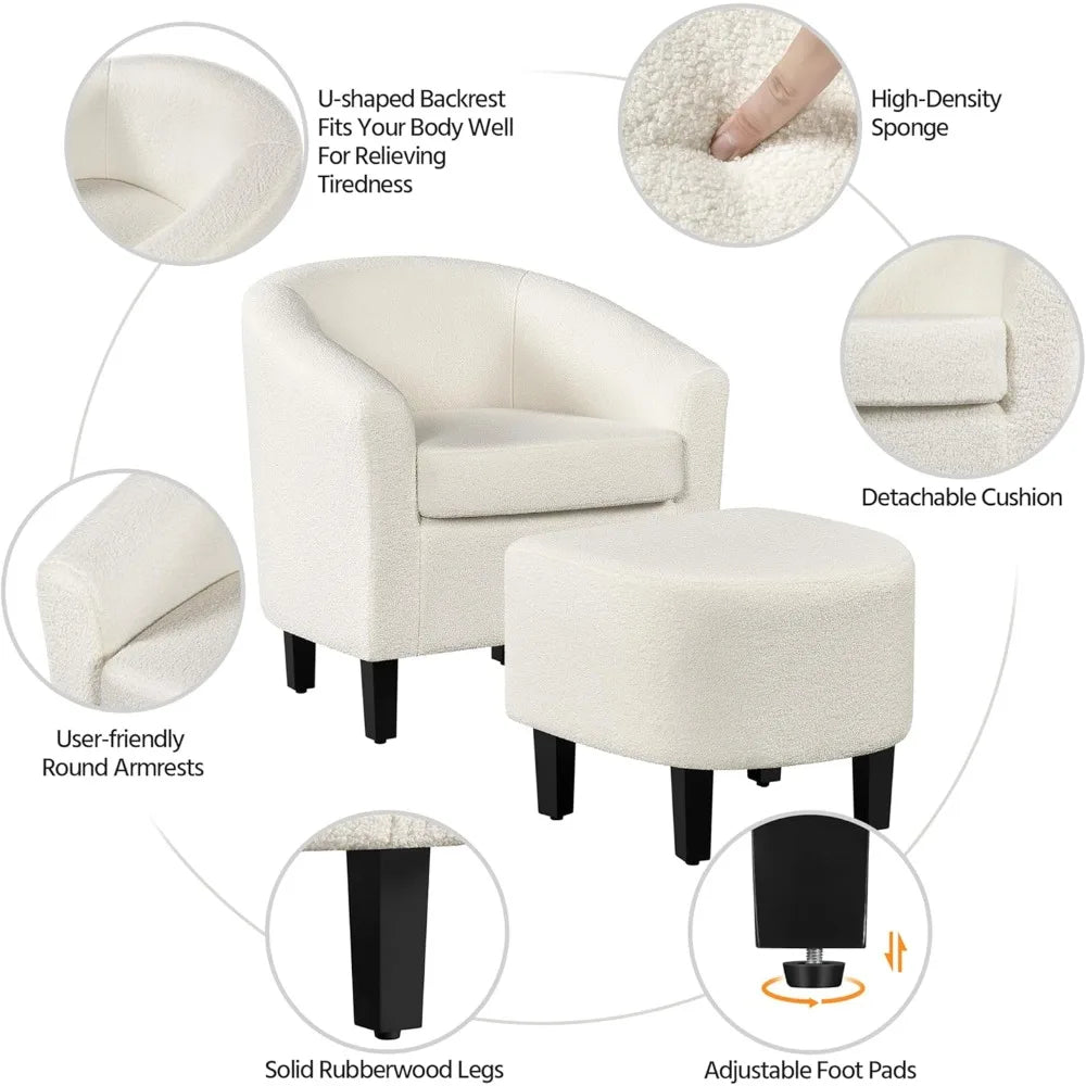 Modern Sherpa Accent Chair and Ottoman Set, Plush Barrel-Shaped Armchair with Footrest for Lounge Areas