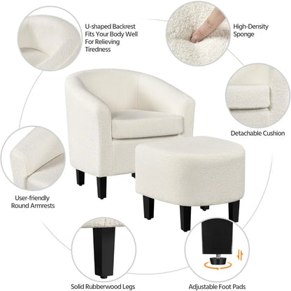 Modern Sherpa Accent Chair and Ottoman Set, Plush Barrel-Shaped Armchair with Footrest for Lounge Areas