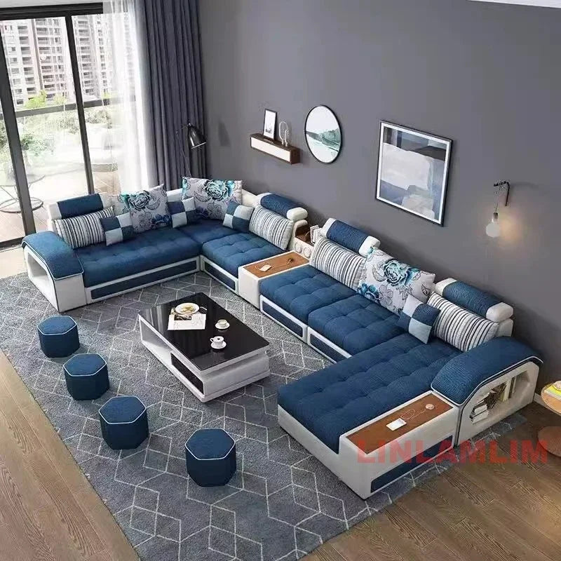 U-Shaped Sectional Fabric Sofa Set - Modern Living Room Furniture with Storage, and Cushions