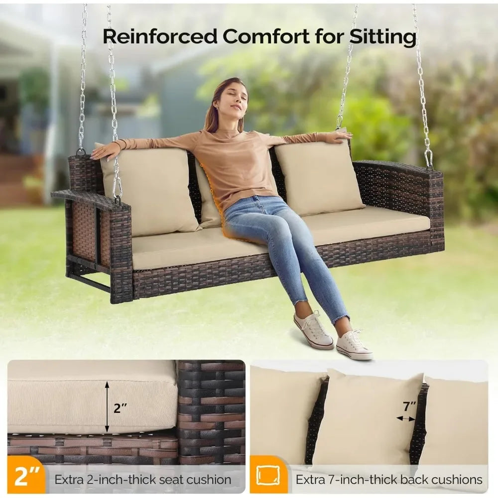 #For Heavy Duty 800 LBS Wicker Hanging Porch Swing with Cushions & Chains,  Outdoor Rattan Swing Bench for Garden, Yard&
