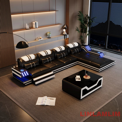 Convertible Genuine Leather Sectional Sofa Bed with Adjustable Headrests, Electric Recliners, Storage, Speakers, USB & LED Light