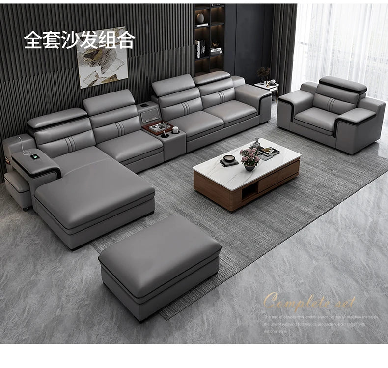 Genuine Leather Sofa Cowhide Modern Wireless Charging Smart Audio Sofa Living Room Corner Combination Divano Home Furniture