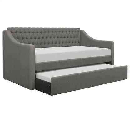 Modern Gray Upholstered Daybed with Pull-Out Trundle on Casters, Tufted Design for Bedroom or Living Room Furniture