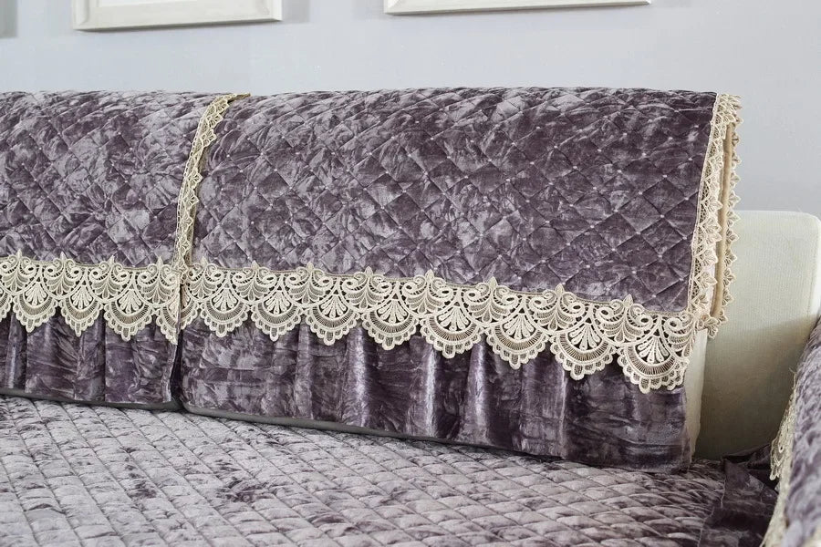 Embroidery Lace Sofa Cushion Gold Velvet Hemline Sofa Cover Autumn Winter European Couch Cover Solid Color Checkered Sofa Mat