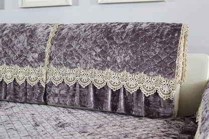 Embroidery Lace Sofa Cushion Gold Velvet Hemline Sofa Cover Autumn Winter European Couch Cover Solid Color Checkered Sofa Mat