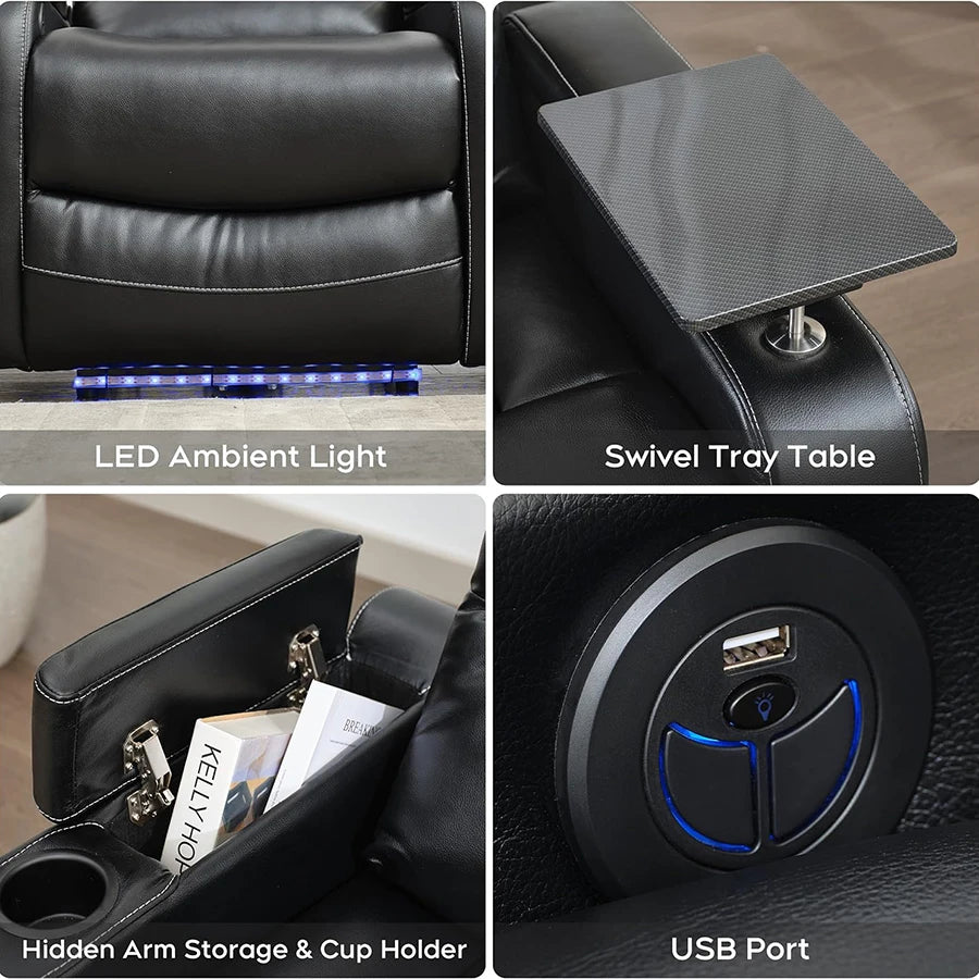 Power Recliner Chair With LED Light, USB Port, Cup Holder Tray Table Faux Leather Electric Reclining Chair Home Theater Seating