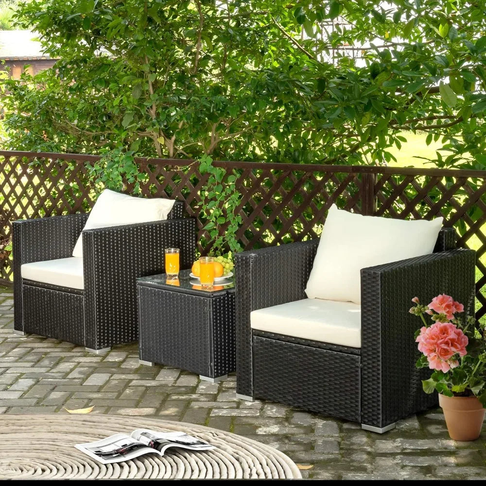 3-Piece Outdoor Patio Furniture Set, Cushioned Armchairs and Tempered Glass Coffee Table, Wicker Rattan Sofa Set for Gar
