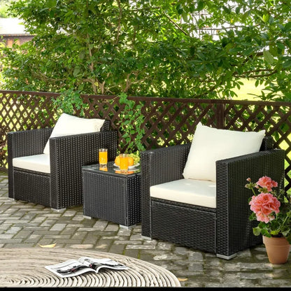 3-Piece Outdoor Patio Furniture Set, Cushioned Armchairs and Tempered Glass Coffee Table, Wicker Rattan Sofa Set for Gar