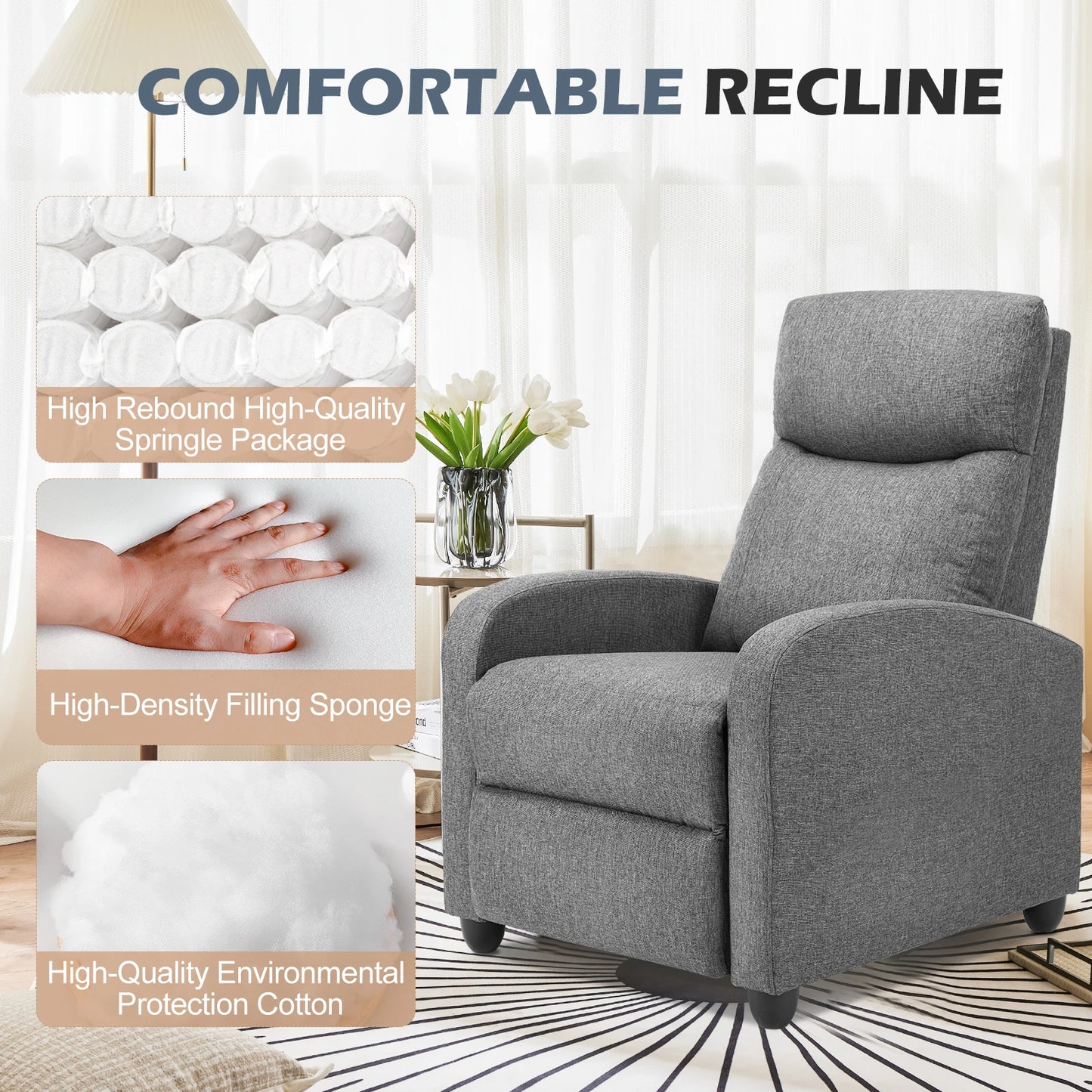 JHK Recliner Chair Massage Sofa Fabric Theater Lumbar Support Adjustable Modern Padded Seat Backrest Living Room Home Grey