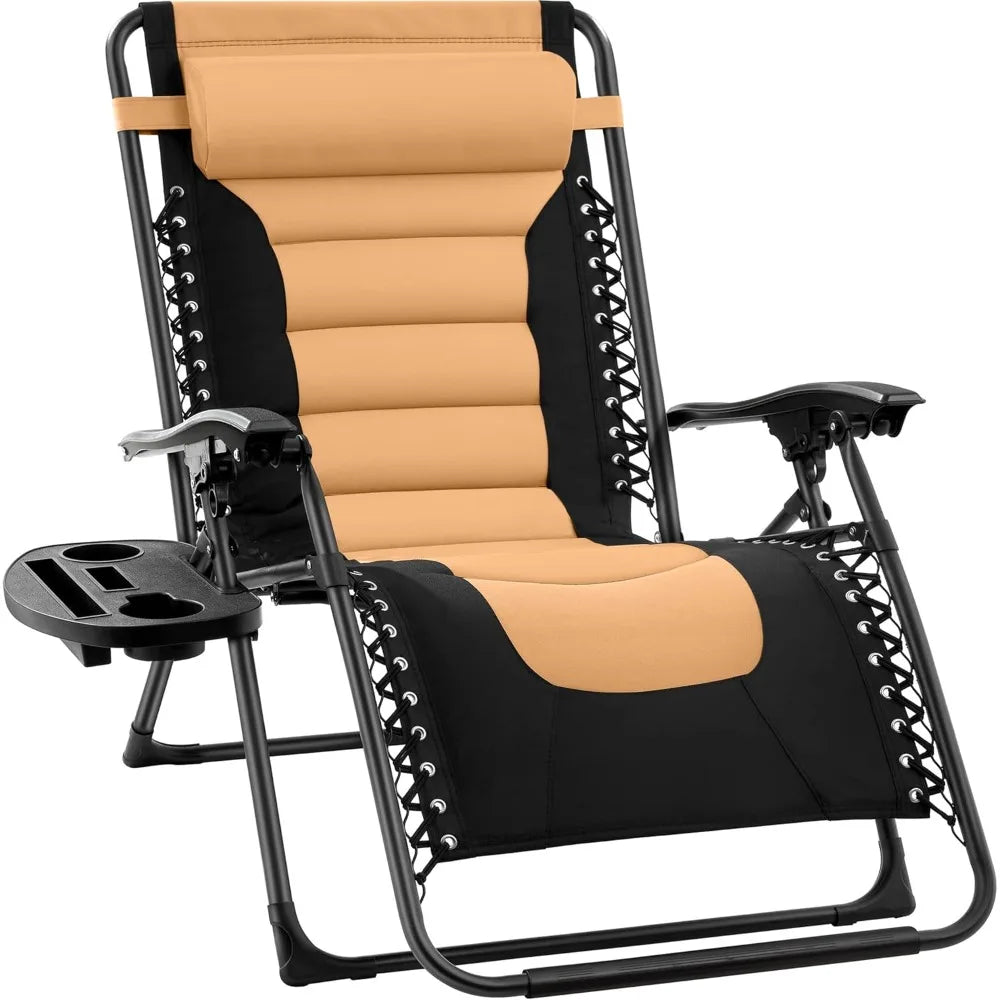 Oversized Padded Zero Gravity Chair, Folding Outdoor Patio Recliner, XL Anti Gravity Lounger for Backyard w/Headrest, Cup Holder