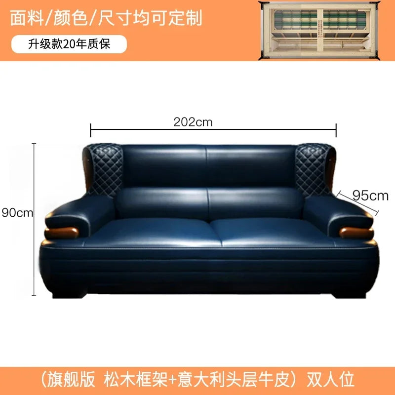 The first layer leather sofa high-grade villa solid wood high-end living room modern simple apartment blue Nordic style custom