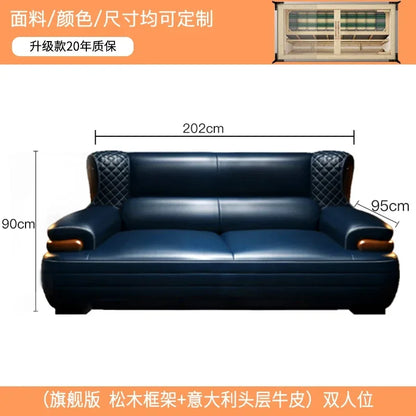 The first layer leather sofa high-grade villa solid wood high-end living room modern simple apartment blue Nordic style custom