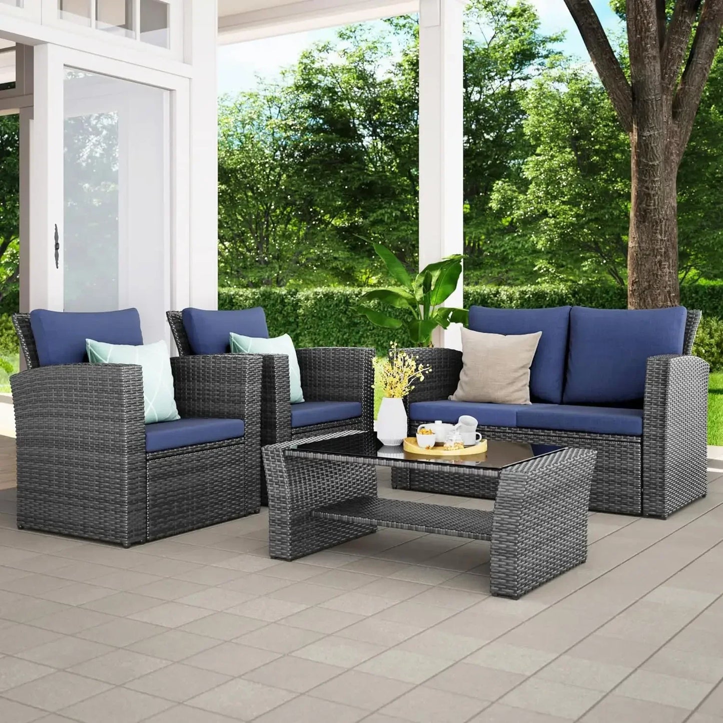 Top-Quality 4 Piece Outdoor Patio Furniture Sets, Wicker Conversation Set for Porch Deck