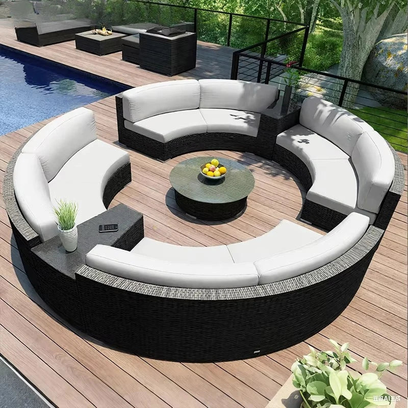 Outdoor Round Rattan Sofa Set Stay Garden Courtyard Curved Rattan Sofa Sectional for Home Outdoor Furniture Modern Patio Set