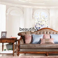 QQ132 American Style Genuine Leather Art Solid Wood Sofa Country  Light Luxury Retro European Style Combination Carved Solid Woo