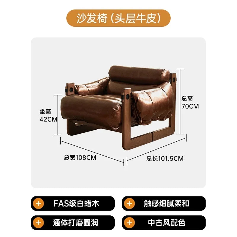 Leisure Single Solid Wood Sofa Chair Living Room Designer Model Leisure Leather Recliner Simple