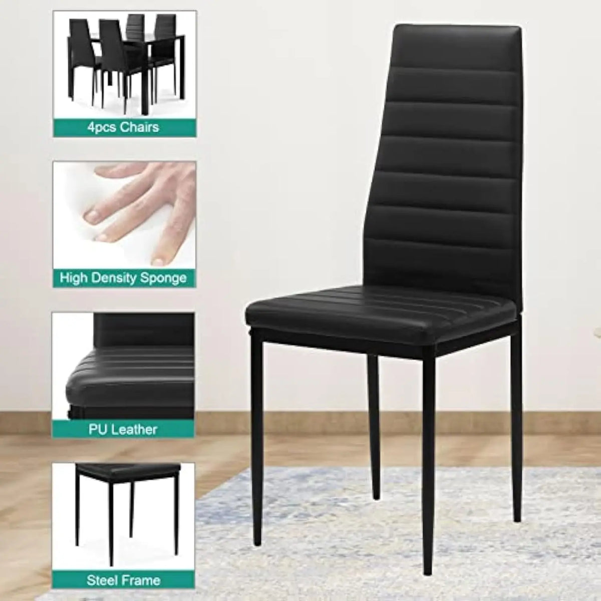 Dining Room Table Set for 4 Dining Table Set with Tempered Glass Table Top and 4 Faux Leather Chairs for Small Spaces Kitchen