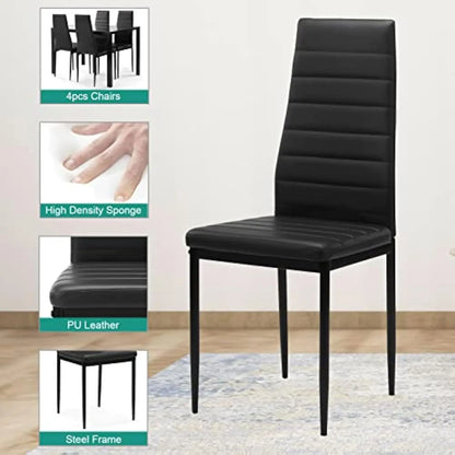 Dining Room Table Set for 4 Dining Table Set with Tempered Glass Table Top and 4 Faux Leather Chairs for Small Spaces Kitchen