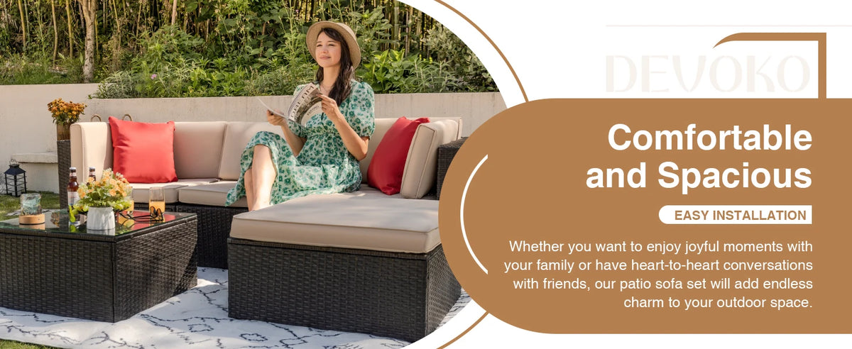 ts All Weather Outdoor Sectional Patio Sofa Manual Weaving Wicker Rattan Patio Seating Sofas with Cushion and Glass Table (Beige