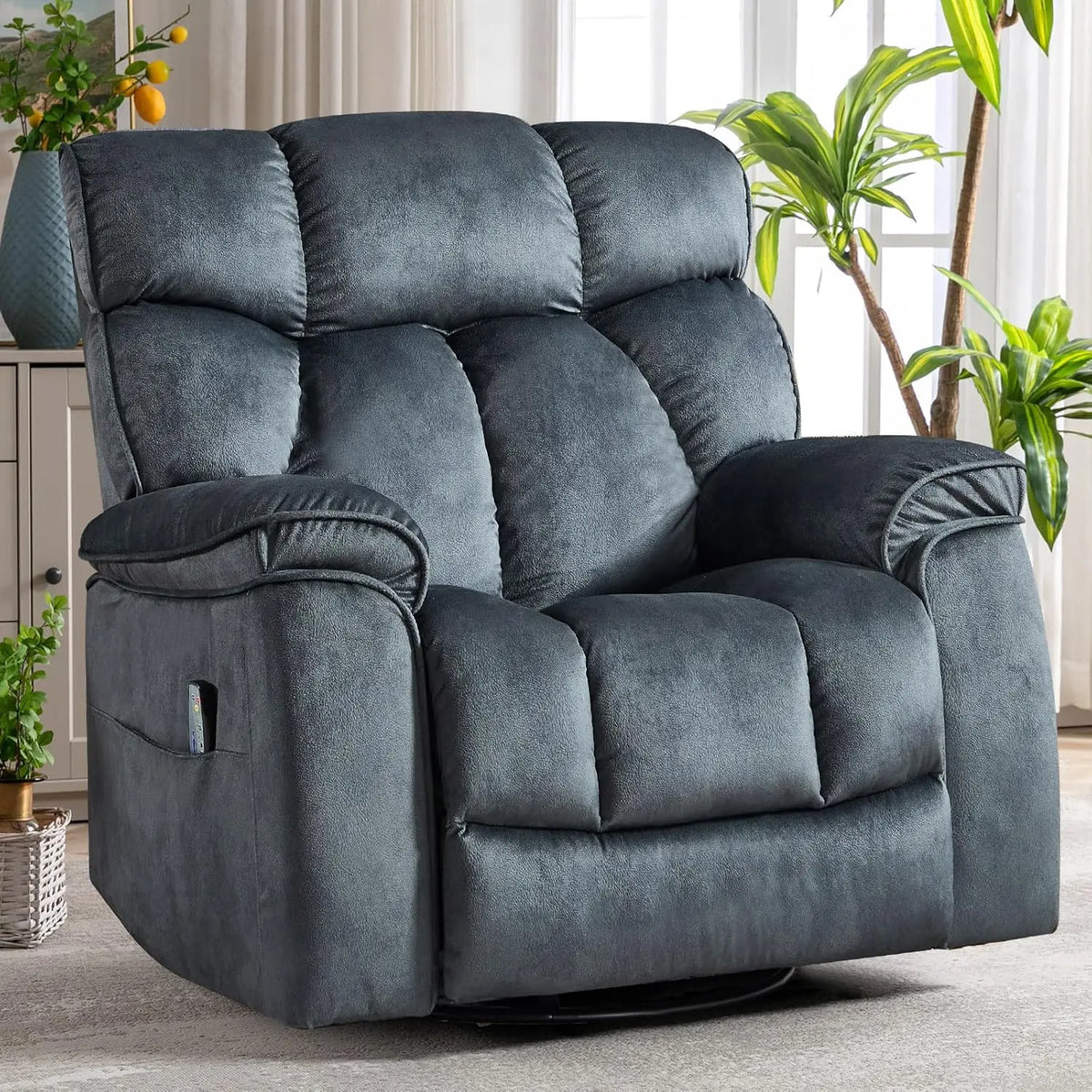 Oversized Rocker Recliner with Heat & Massage Manual Swivel Soft Fabric Brown, Customized