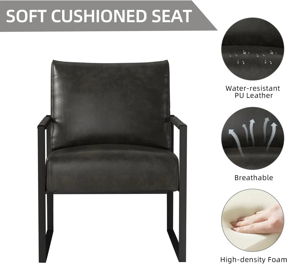 Leather Accent Chair with Metal Frame, Comfy Living Room Chair with Plump Backrest and Cushion, Mid Century Modern Chair w