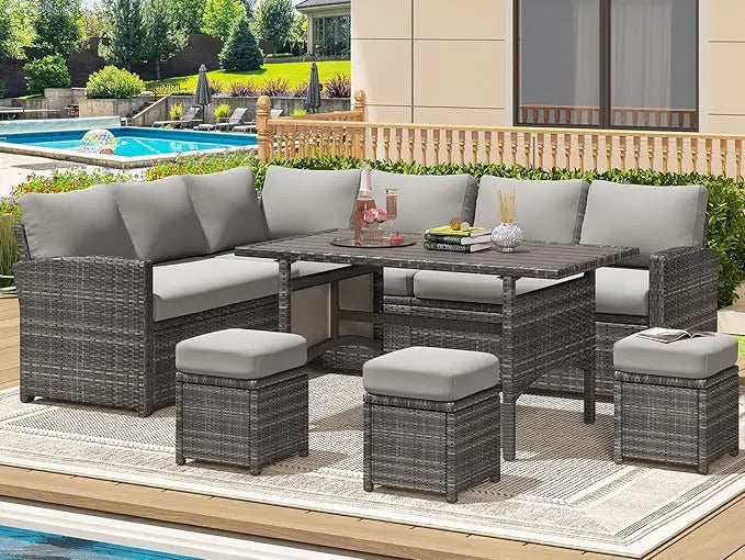 All-Weather Wicker Outdoor Sectional Sofa Set with Patio Dining Table and Chairs
