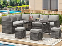 All-Weather Wicker Outdoor Sectional Sofa Set with Patio Dining Table and Chairs