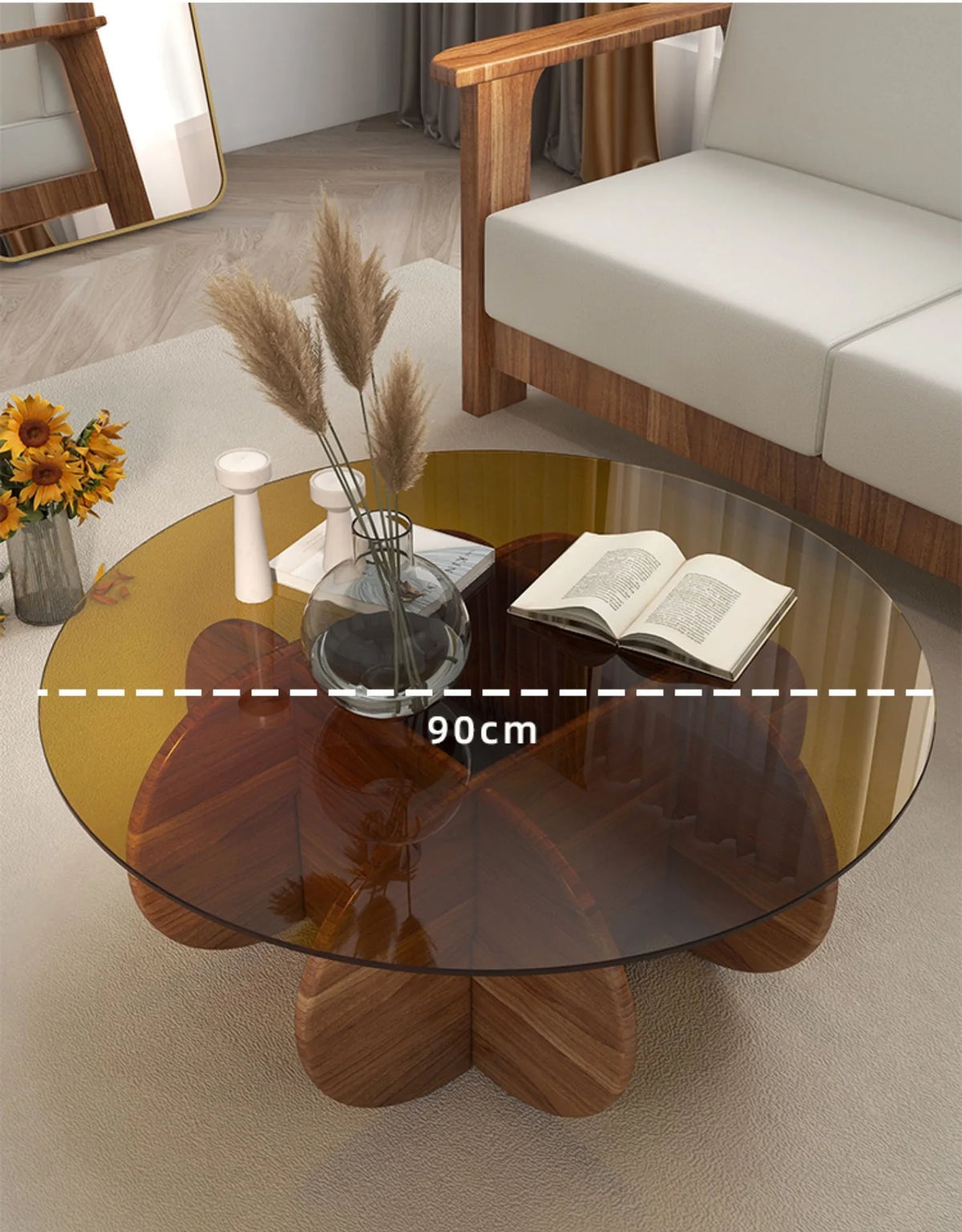 Table basse en verre de luxe légère, moderne, simple, petit appartement, salon, ronde, bois massif, maison, design créatif, table d'appoint de canapé