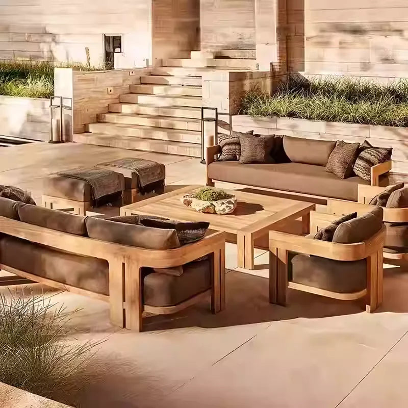nvModern Luxury Teak Waterproof Outdoor Sofa with Cushions Customized Color for Patio Courtyard Apartment&Hotel Living Rooms&