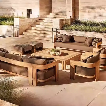 nvModern Luxury Teak Waterproof Outdoor Sofa with Cushions Customized Color for Patio Courtyard Apartment&Hotel Living Rooms&
