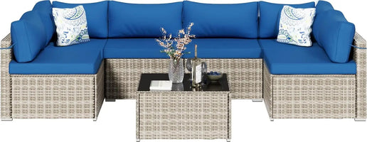 7-Piece Gray Rattan Patio Furniture Sets, Outdoor Conversation Sofa Sets with Water Resistant Blue Cushions &, Customized