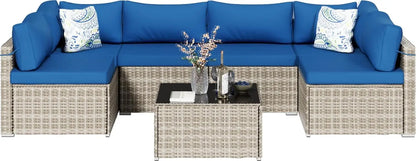 7-Piece Gray Rattan Patio Furniture Sets, Outdoor Conversation Sofa Sets with Water Resistant Blue Cushions &, Customized