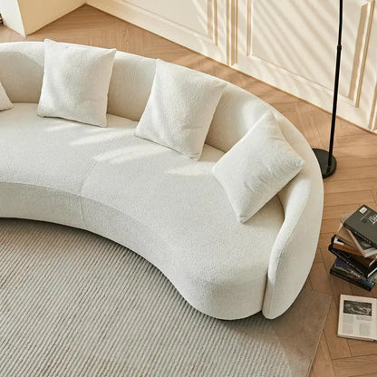 Mid-Century Modern Curved Velvet Sofa, 101" Half Moon Couch with 4 Throw Pillows for Cozy Living Room