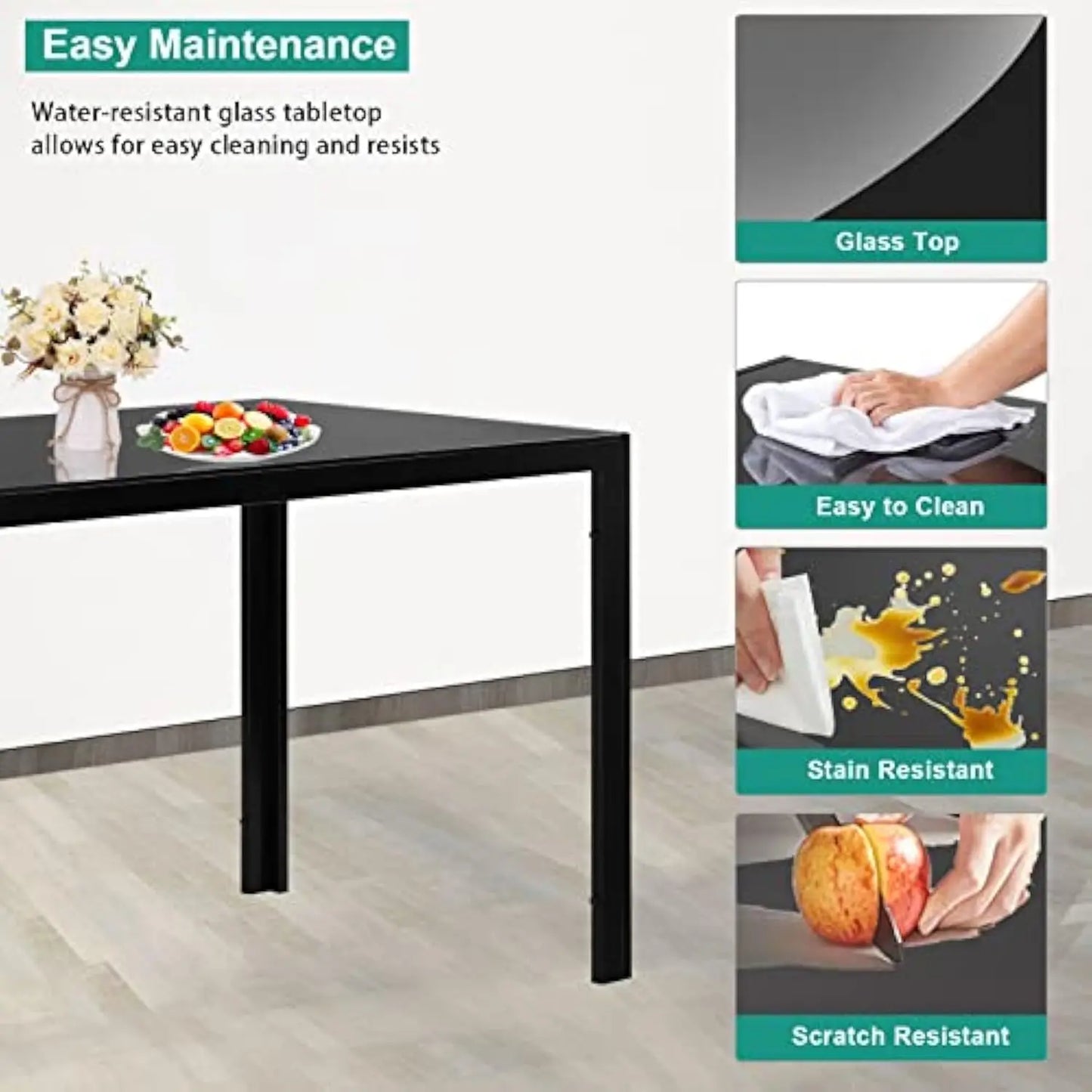 Dining Room Table Set for 4 Dining Table Set with Tempered Glass Table Top and 4 Faux Leather Chairs for Small Spaces Kitchen