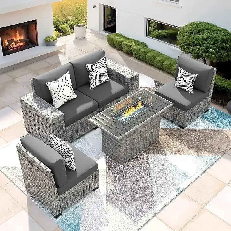 QAZ8-7 Piece Patio Furniture Set Fire Pit Table. Outdoor Conversation Sets Wicker Rattan Sectional Sofa with Coffee TSZ