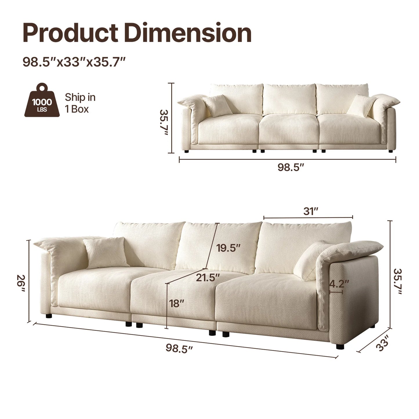 98.5" Cloud Modular Sectional Sofa Minimalist 3-Seats Sofa Couch Convertible Couch Deep Seat Couches for Living Room Sofa Sets