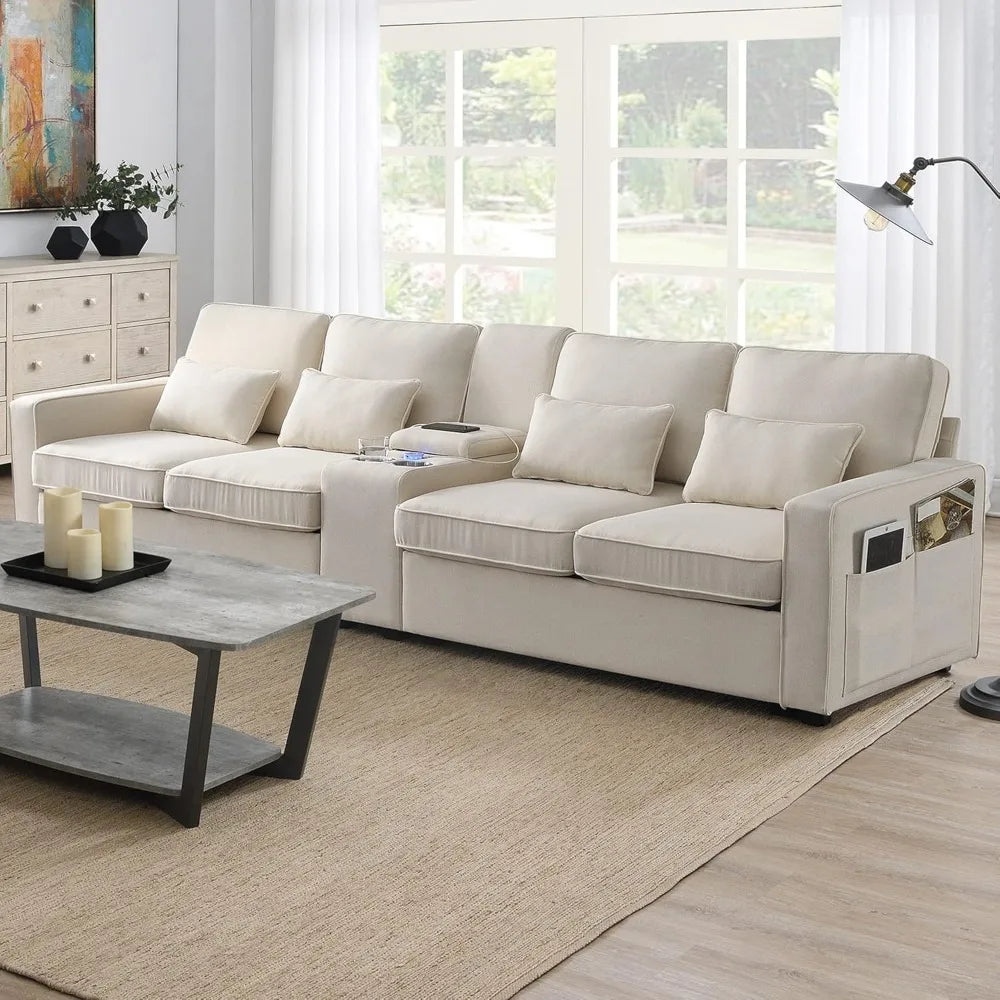 Upholstered Sectional Sofa with Console, 2 Cup Holders and 2 USB Ports & Wirelessly Charged, Modern Linen Fabric 4-Seat Couch