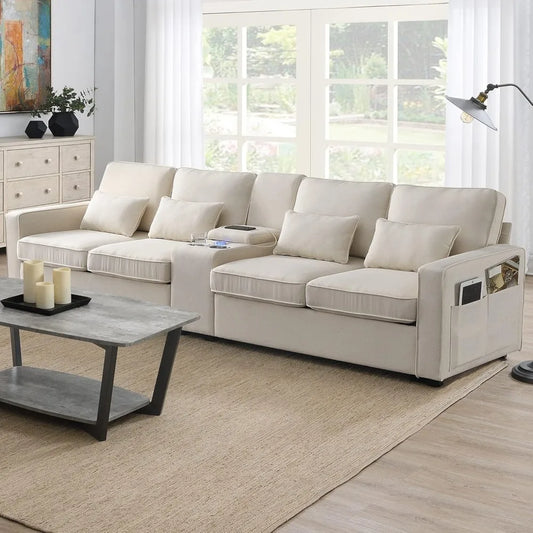 Upholstered Sectional Sofa with Console, 2 Cup Holders and 2 USB Ports & Wirelessly Charged, Modern Linen Fabric 4-Seat Couch