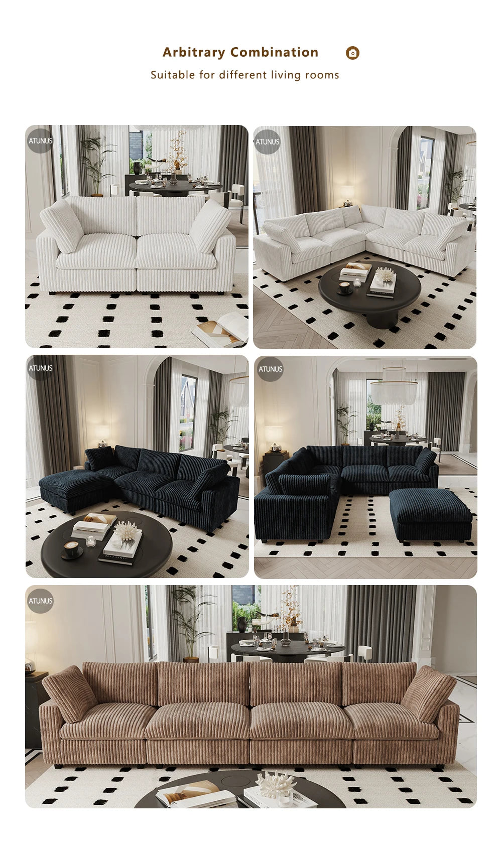 ATUNUS USA in Stock Drop Shipping Cloud Sofa Living Room Furniture Black Corduroy Modular Sectional Couch Sofa Set