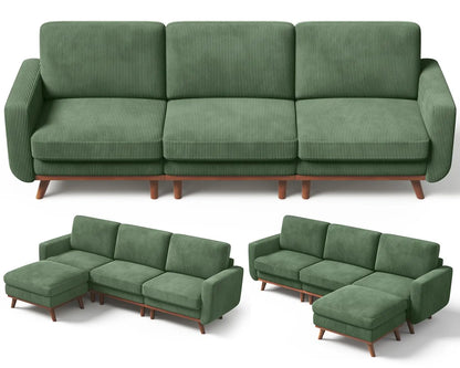 97" L-Shape Modular Sofa, 3-Seat Corduroy Couch with Movable Ottoman, Sectional Sofa for Living Room, Green, Customized