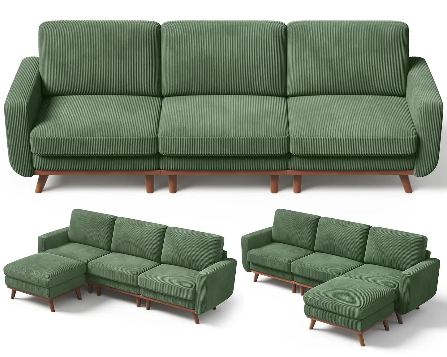 97" L-Shape Modular Sofa, 3-Seat Corduroy Couch with Movable Ottoman, Sectional Sofa for Living Room, Green, Customized