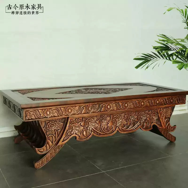 Solid wood carving flower coffee table ancient and modern log furniture old elm coffee table