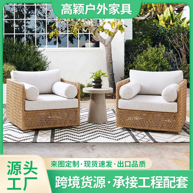 Outdoor sofa teak PE rattan sofa outdoor garden sun protection leisure courtyard rattan chair sofa