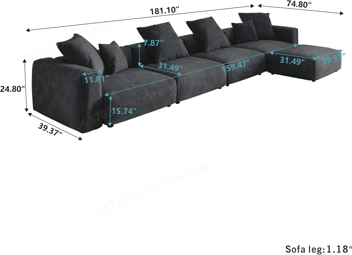 DIGGERA 181" Oversized Compressed Sofa Boneless Couch Modular Sofas for Living Room Huge 4-Seats Sectional Couches with Chaise