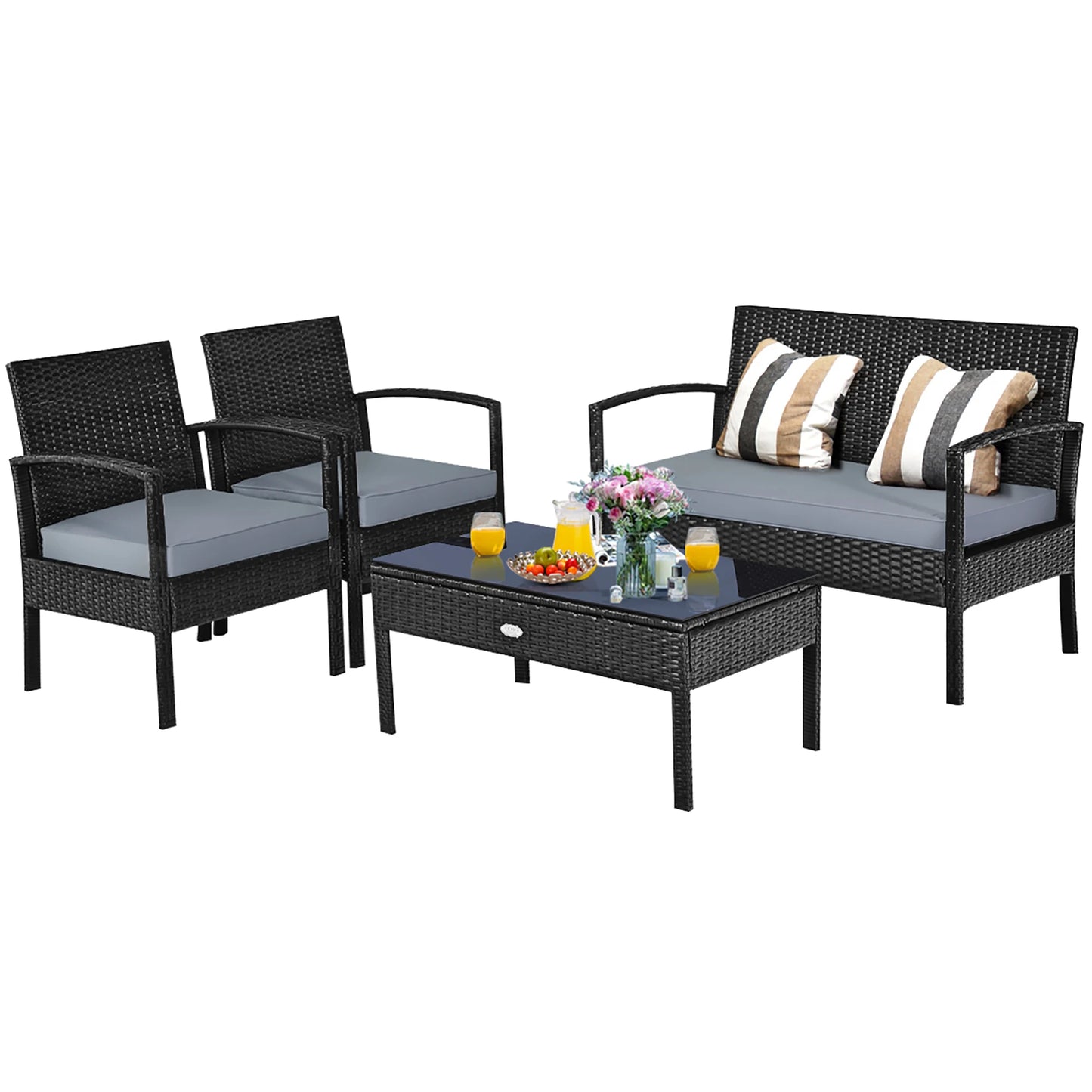 4pcs Outdoor Patio Rattan Wicker Set Table Sofa Cushioned Deck Black