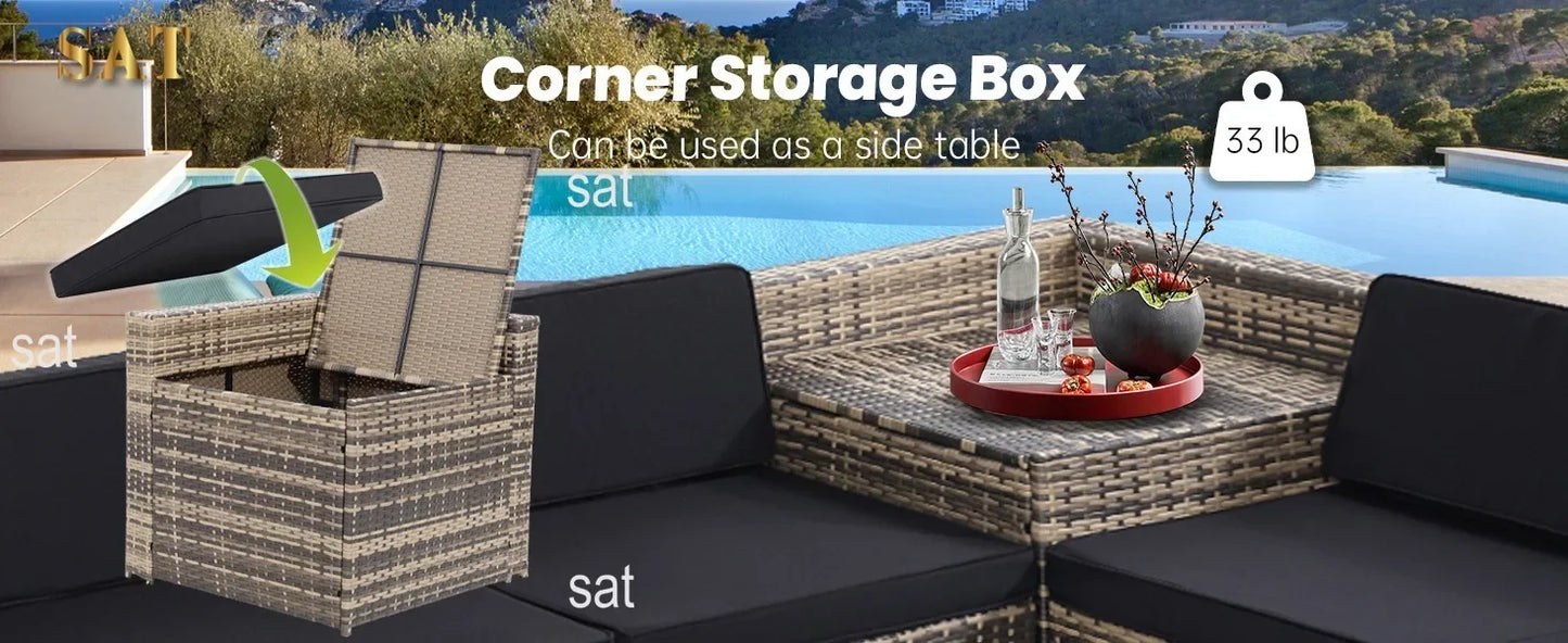 -8 Pieces Outdoor Wicker Rattan Patio Furniture Sectional Set,Glass Top Table Hidden Storage,7 Sofa Sections, Oversized Cushions