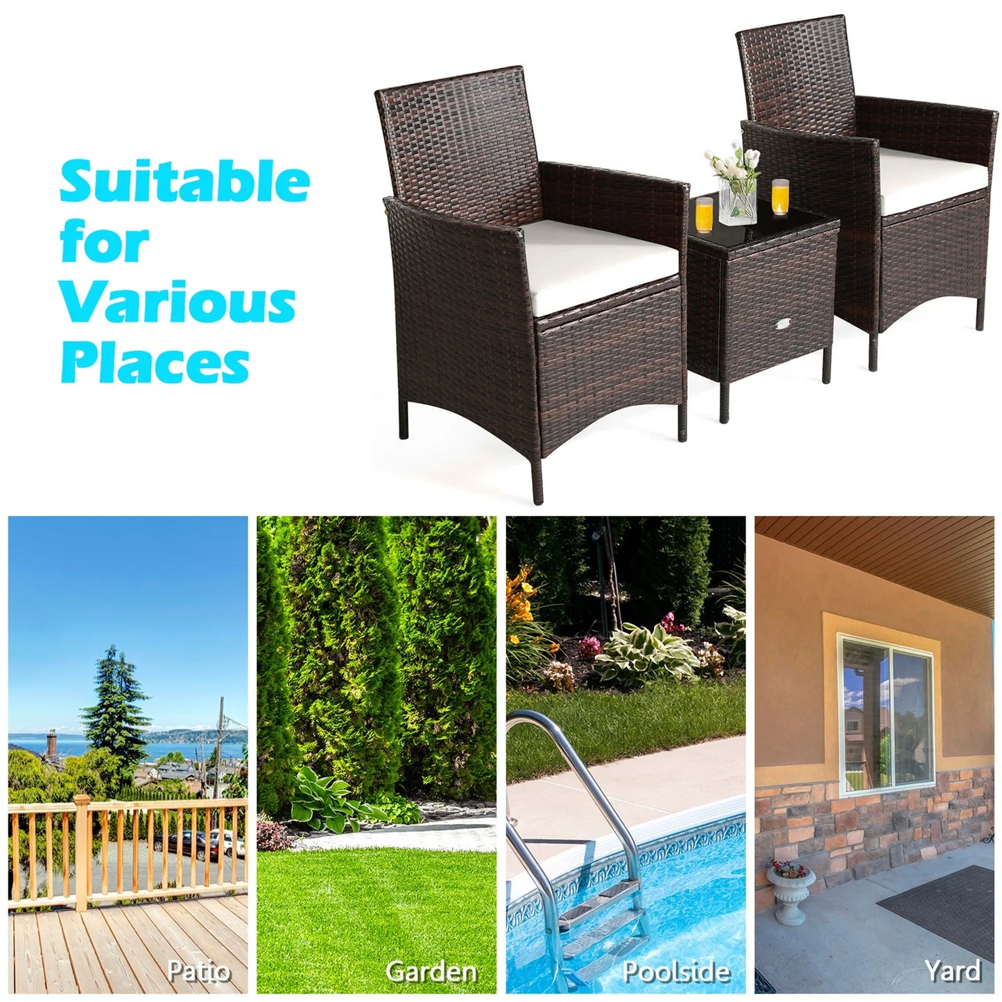 Garden Furniture Sets3PCS Rattan Patio Furniture Set with White Cushions for Outdoor Use